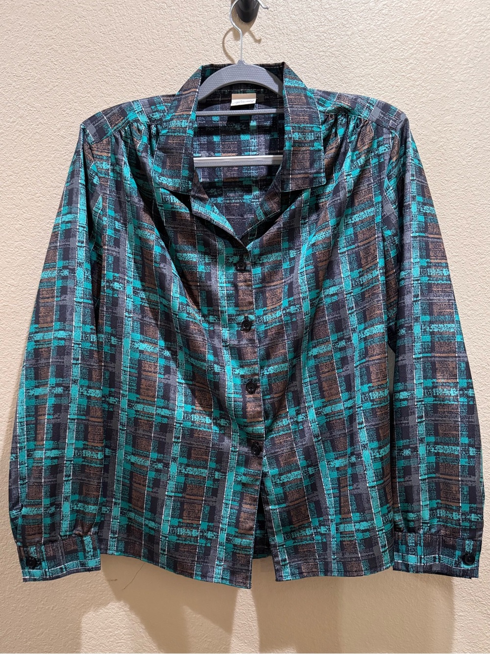 Vintage Pykettes Teal Brown Plaid Button Up Blouse M